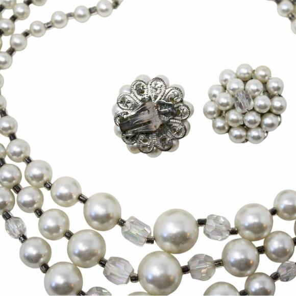 Vintage 3 Strand Pearl Crystal Necklace Clip On Earring Set Original Box Japan - Picture 4 of 8